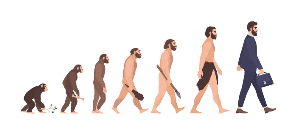 Satiričen članek o evoluciji voditeljstva in poslovnega razmišljanja skozi zgodovinska obdobja.